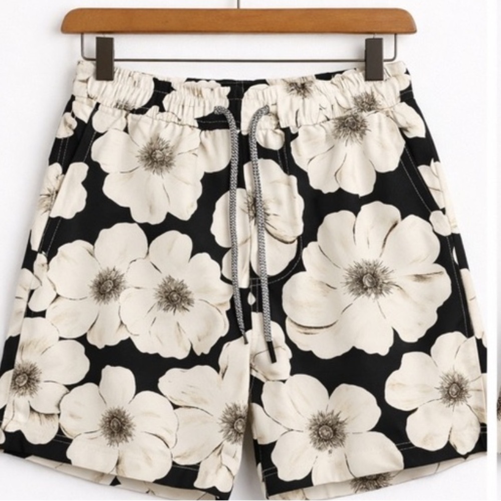 INC International Concepts Black and White Floral Swim Trunks